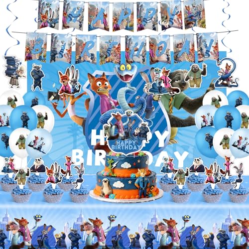 Zootopia Birthday Party Decorations Party Supplies Set Include Banner Backdrop Balloons Hanging Swirls Cake Cupcake Toppers Tablecloth for Boys Girls Zootopia Theme Party