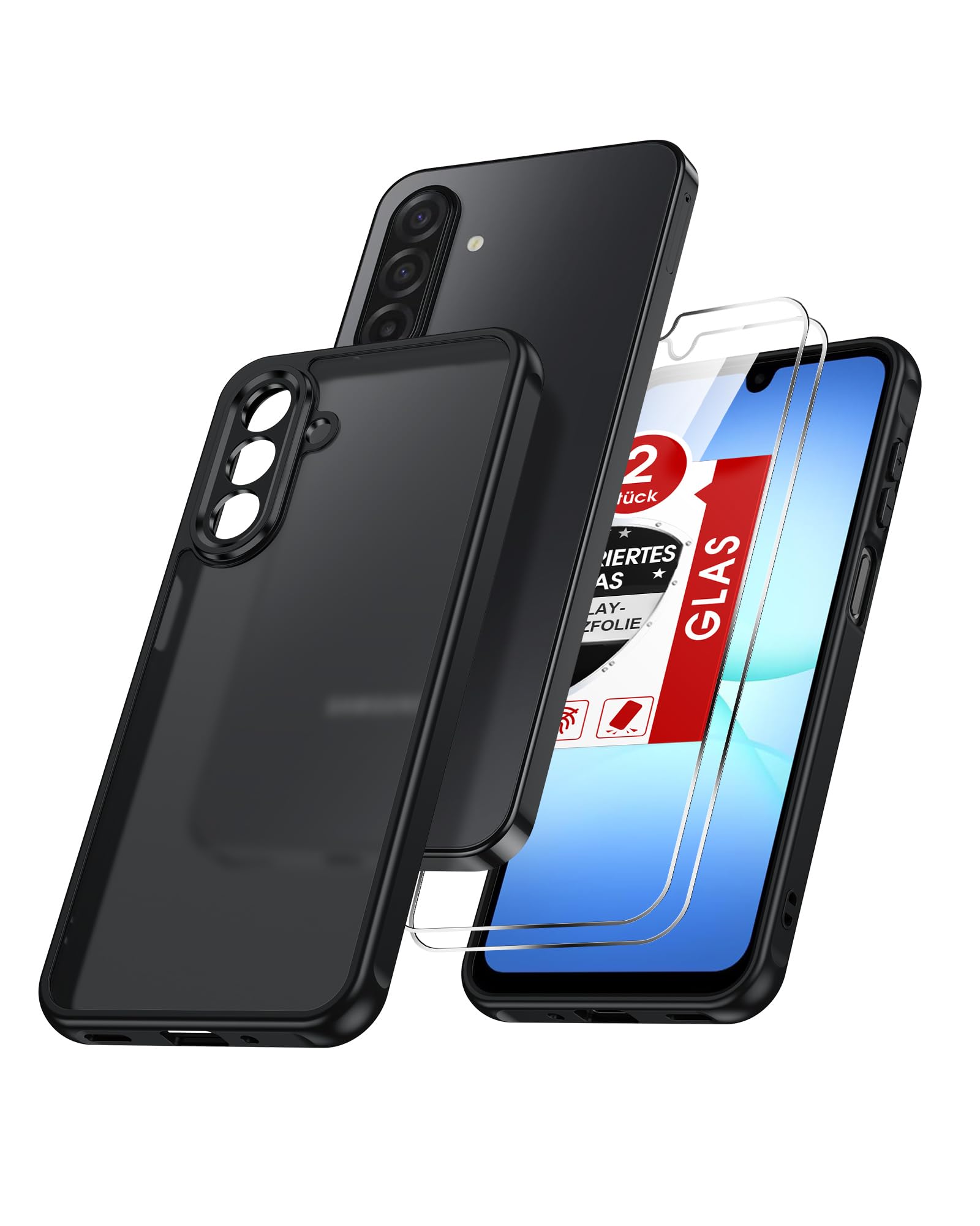 LeYi für Samsung Galaxy A17 5G Hülle mit 2*panzerglas 4G Matt Case-Schwarz | Samsung A17 5G Hülle TPU & PC Transluzent Militärstandard Kameraschutz Anti‑Fingerabdruck A 17 HandyHülle Schutzhülle Cover