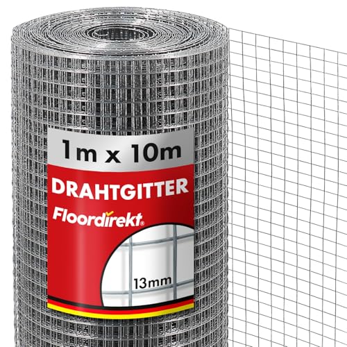 Floordirekt Volierendraht Drahtgitter feinmaschig 100cm hoch x 10m lang Hochbeet 4-Eck Drahtgeflecht, Nagergitter, Vogeldraht, Volierengitter, Gitterdraht, Drahtzaun verzinkt Maschen-Weite 13x13mm