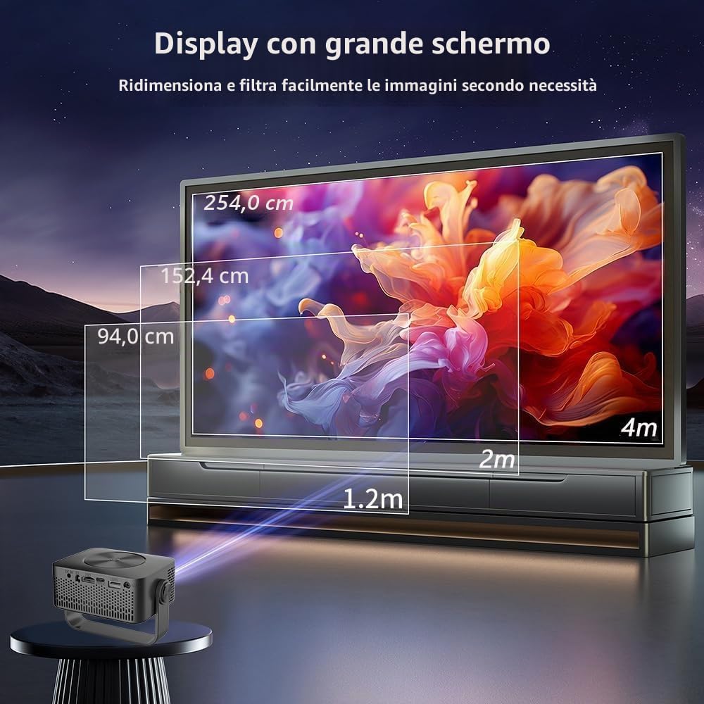 Mini Proiettore, 4K 1080P Proiettore Portatile con Zoom, Support WiFi Rotabile 360°, Video Projector TV Home Cinema per Cellulari Tablet/Laptop/PC/HDMI/USB(Nero)