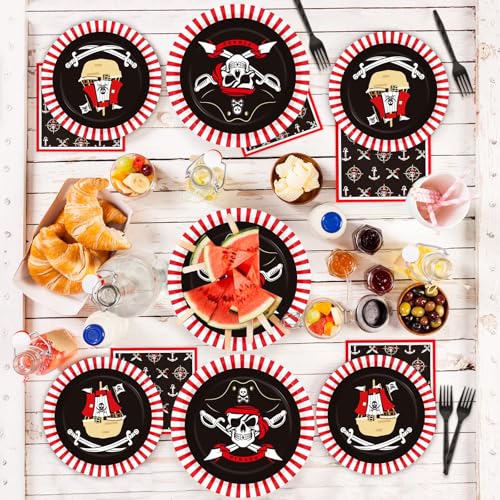 Image of 96pcs Pirate Birthday Tableware Set Pirates Party Paper Plates and Napkins Decorations Pirate ship Bone Disposable Dinnerware Supplies for Adult Teens Kids Birthday Party Favor, Severs 24