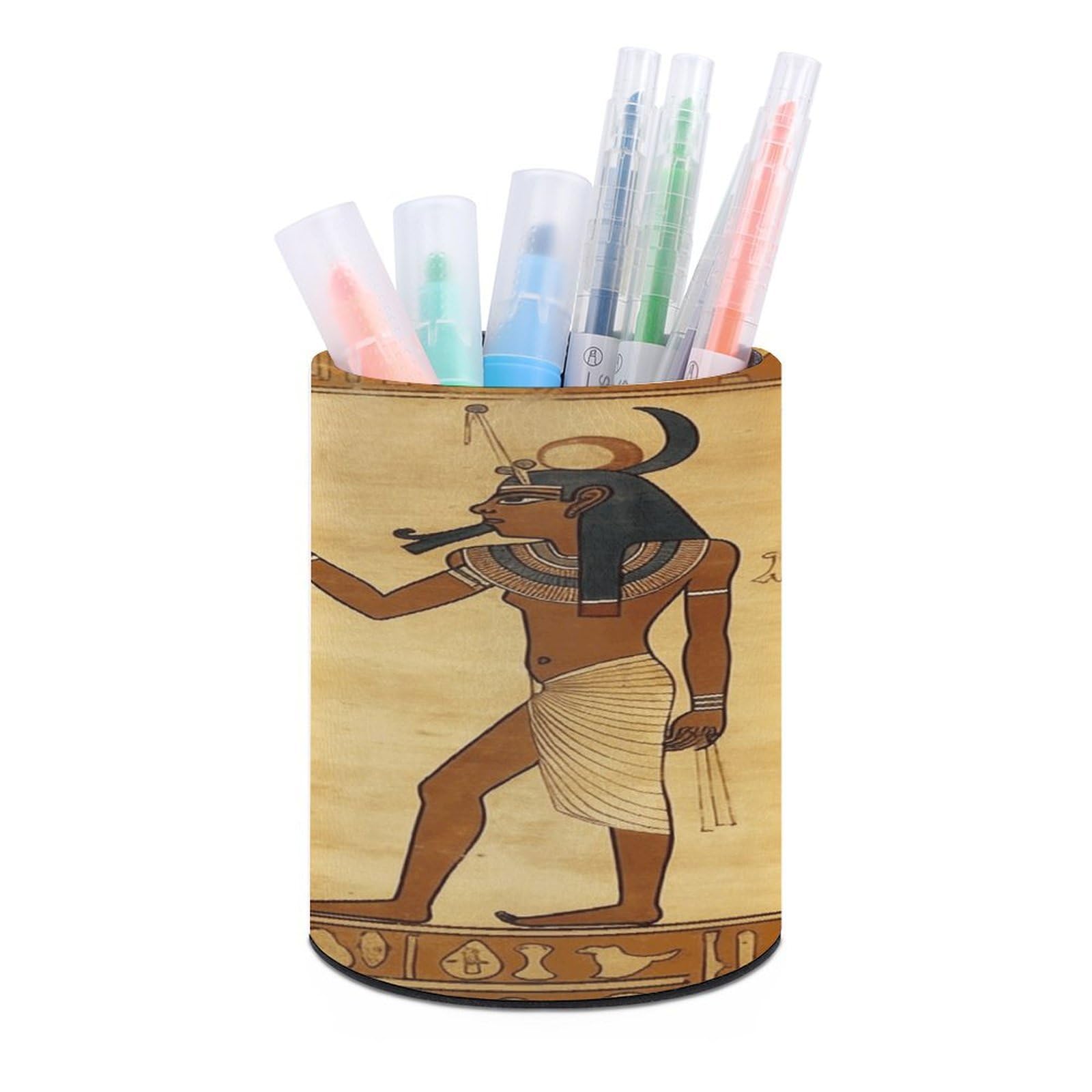 VstaDank Ancient Egyptian Pen Holder PU Leather Pencil Cup Minimalist Desk Pencil Holder Round Make Up Brush Organizers For Office Dorm Room&Vanity Desk Accessories