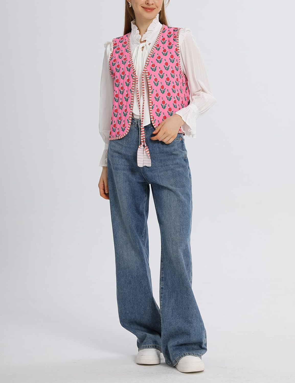 Wyeysyt Women's Cropped Floral Quilted Puffer Vest Printed Lightweight Sleeveless Padded Gilet Outwear - Image 4