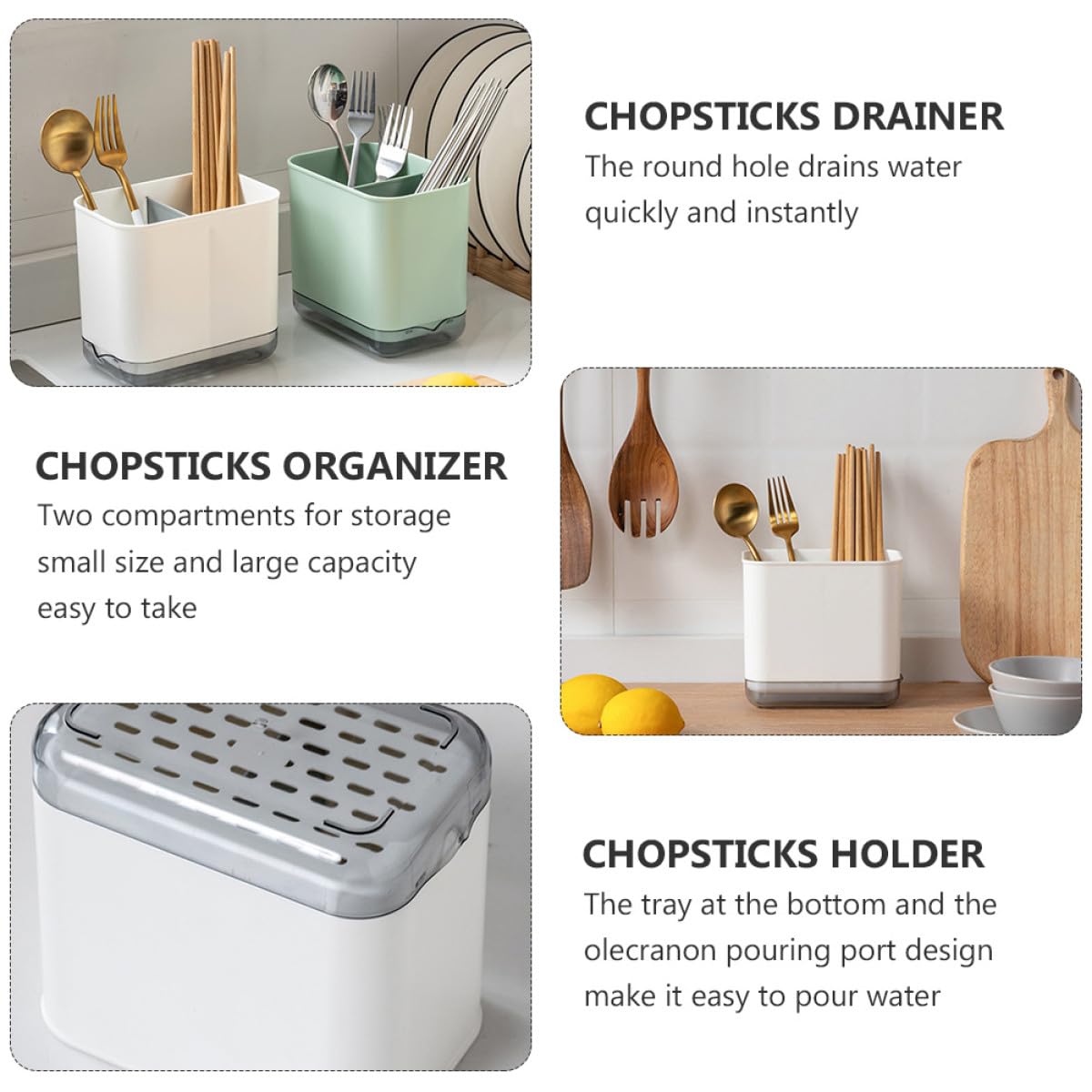 CANIGHT Organizer per Utensili da Cucina Multifunzionale Bianco, Porta Bacchette da Banco Scomparti e Scolapiatti, Portaposate Compatto per Cucchiai, Forchette e Bacchette, per Cucina