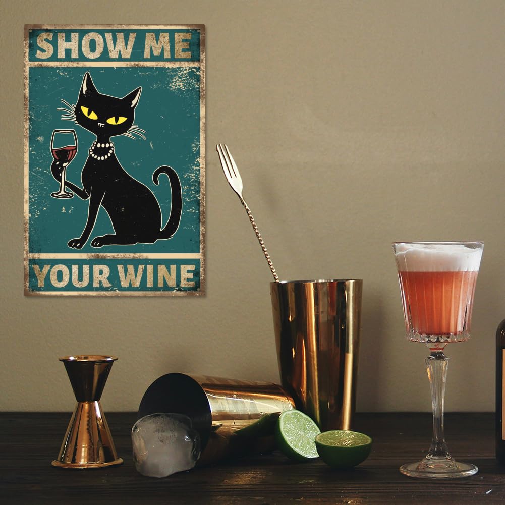 Cartello In Metallo Con Gatto Nero E Scritta Mostrami Il Tuo Vino – Decorazione Da Parete Vintage 30x20 Cm Per Bar, Cantina, Man Cave - 3