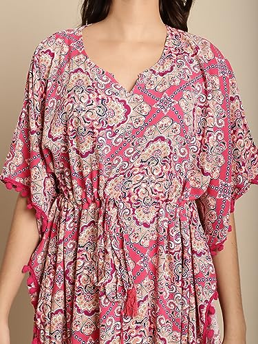 Image of Secret Wish Women's Rayon Pink Kaftan Nighty /Free Size /Scree Print /Drawstring /Nightdress /Nightwear /Full Length
