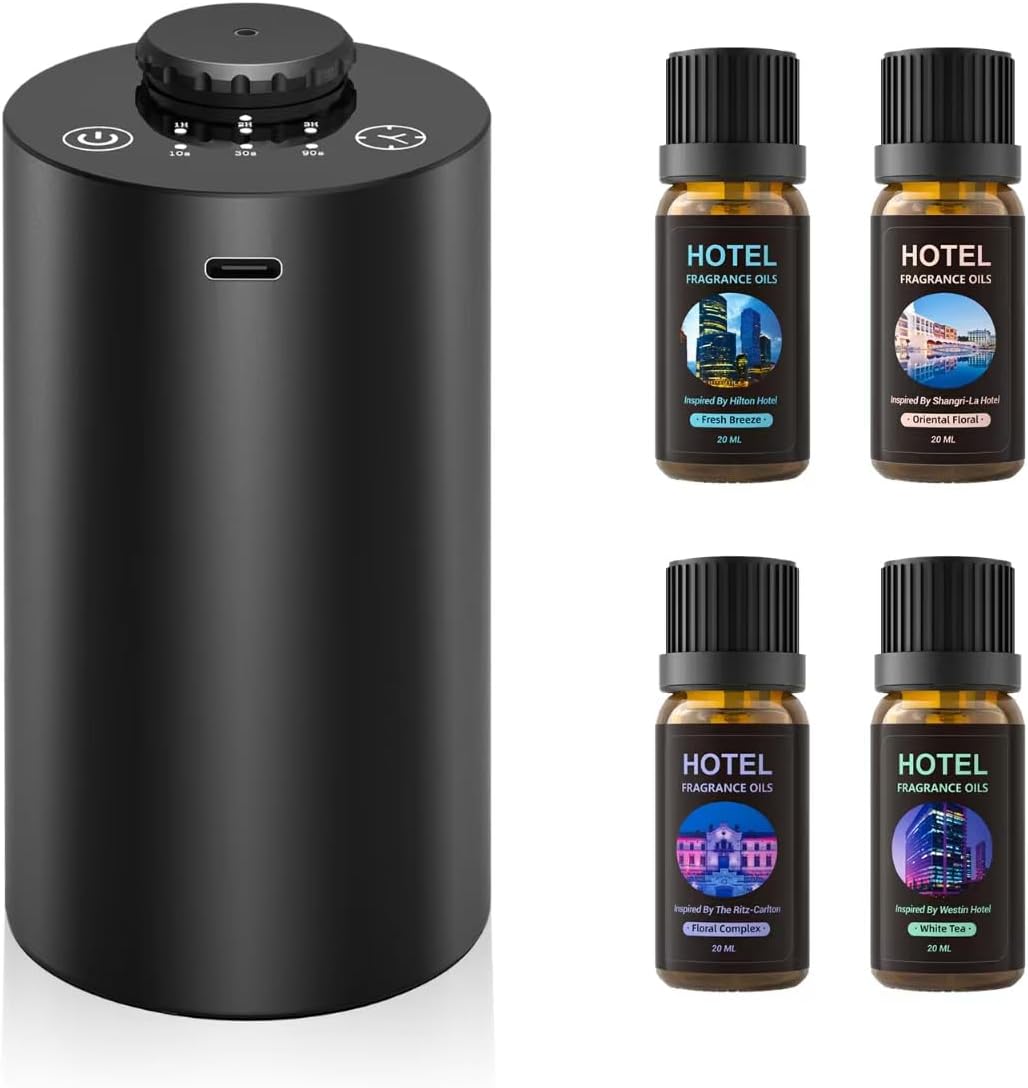 Waterless Essential Oil Diffuser with 4 * 20mL Hotel Scent Fragrance Oil, Battery Operated Mini Scent Air Machine Portable Diffuser for Home Car Office
