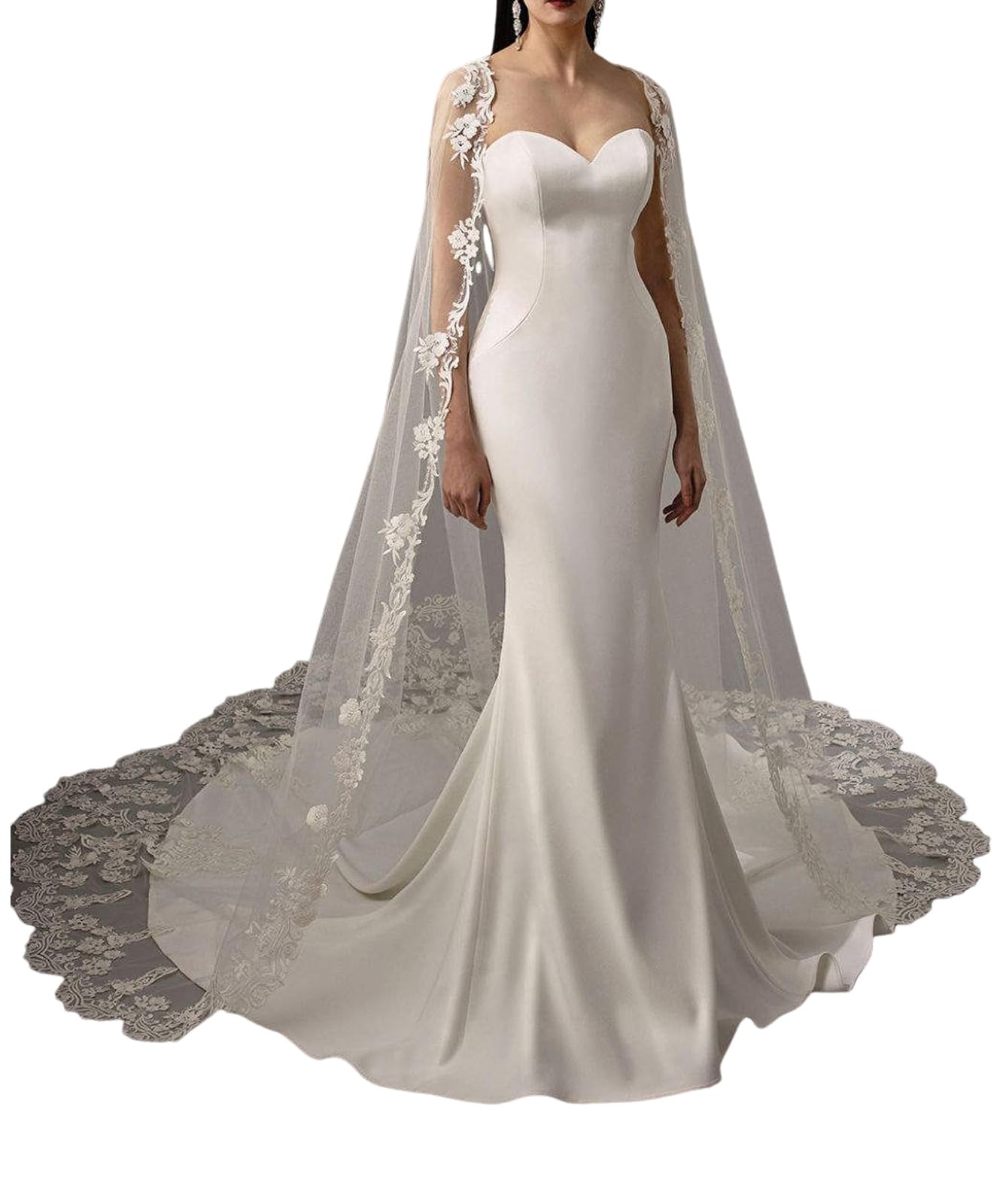 Chal de boda de tul con encaje floral largo largo catedral, capa de novia para novia, 3M, color marfil/blanco