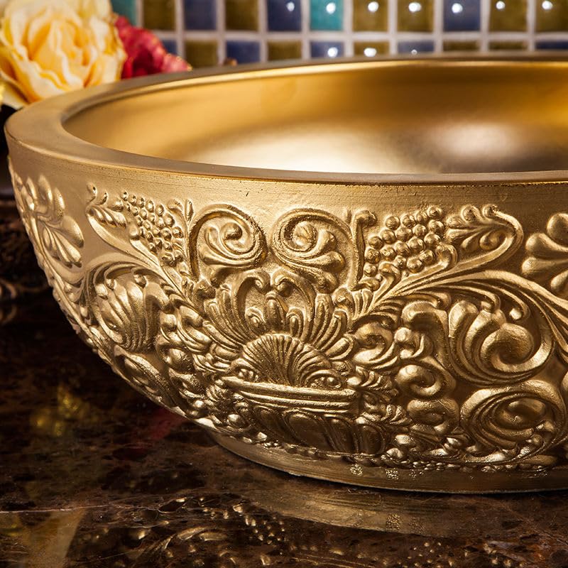 Złota vintage rzeźbiona artystyczna ceramiczna umywalka, luksusowy tłoczony blat okrągły zlew łazienkowy