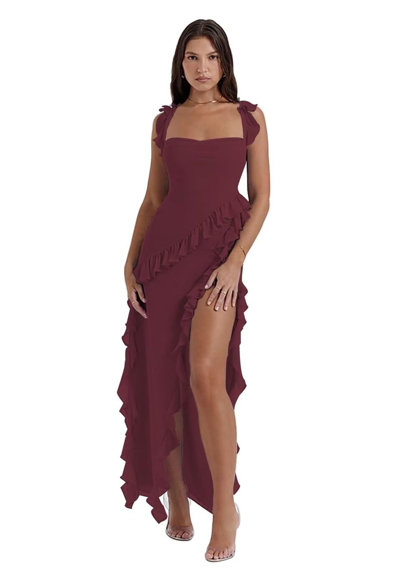 GETMINT Womens Spaghetti Strap High Slit Bodycon Maxi Dress, Square Neck Backless Party Club Dress Evening Gowns (Wine red,Large)