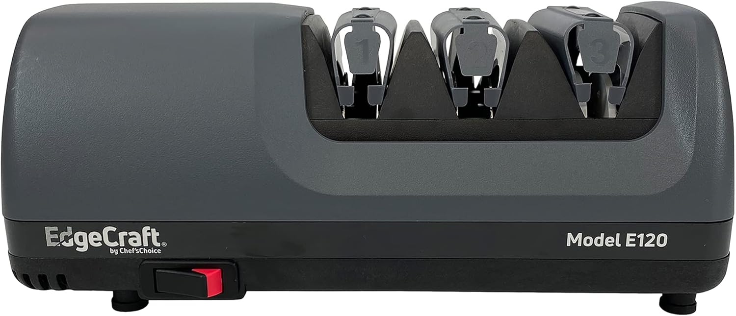 EdgeCraft E120 Electric Knife Sharpeners for 20-Degree Straight and Serrated Knives Diamond Abrasives Precision Angle Control, 3-Stage, Gray