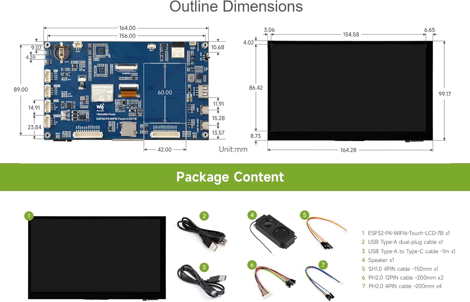 ESP32-P4-WIFI6 7inch Touch Display Dev Board, Based on ESP32-P4 and ESP32-C6 Chip, with 7" IPS 5-Point Touch Screen 1024×600, Onboard RS485/CAN/I2C/UART Headers, Supports AI Speech Interaction
