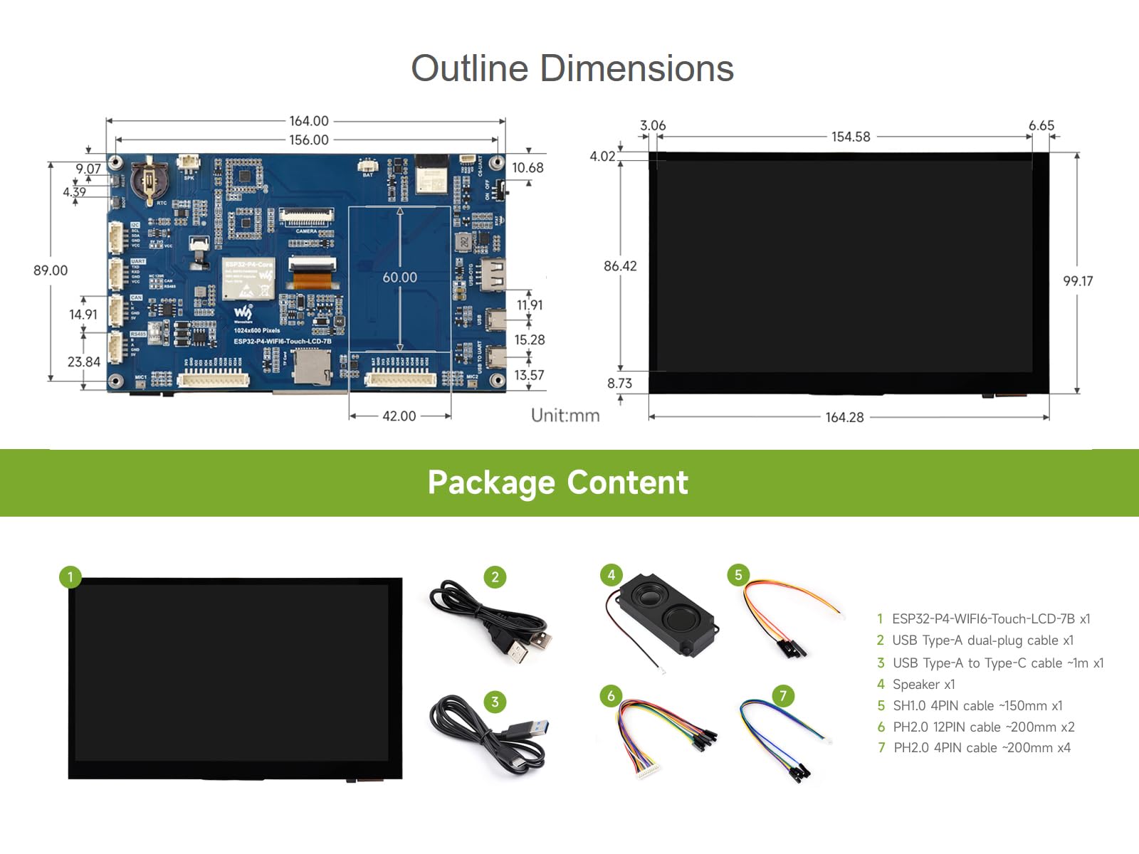 ESP32-P4-WIFI6 Scheda di sviluppo Touch Display da 7 pollici, basata su chip ESP32-P4 e ESP32-C6, con 7 pollici IPS a 5 punti touch screen 1024 × 600, intestazioni RS485/CAN/I2C/UART integrate