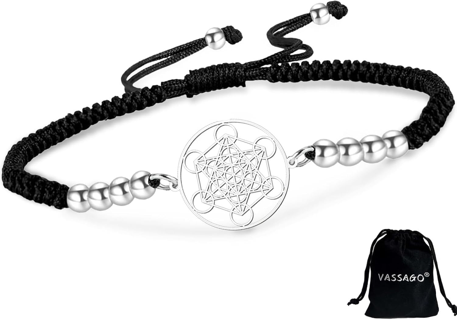 Faozhuo Sacred Geometry Metatrons Cube Bracelet for Men Women Adjustable Stainless Steel Braided Colorful Beaded Cord Jewelry Archangel Seals Amulet, Silver-BK1