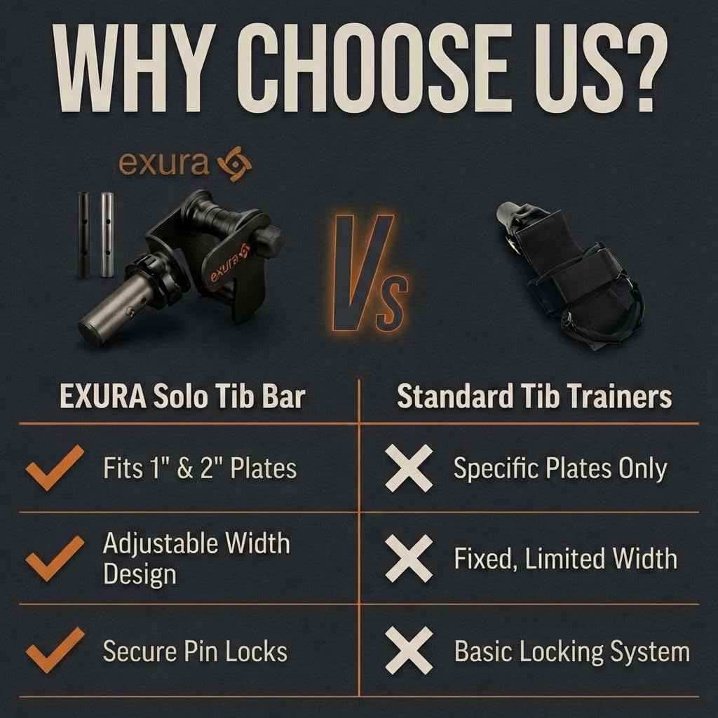 Exura Solo Tib Bar Knees Over Toes Adjustable Tibialis Trainer Leg Workouts,Tibialis Bar Calf Raise Machine Equipment for Strengthening Calves, Shins & Ankles Fits 1" and 2" Strength Training Plates