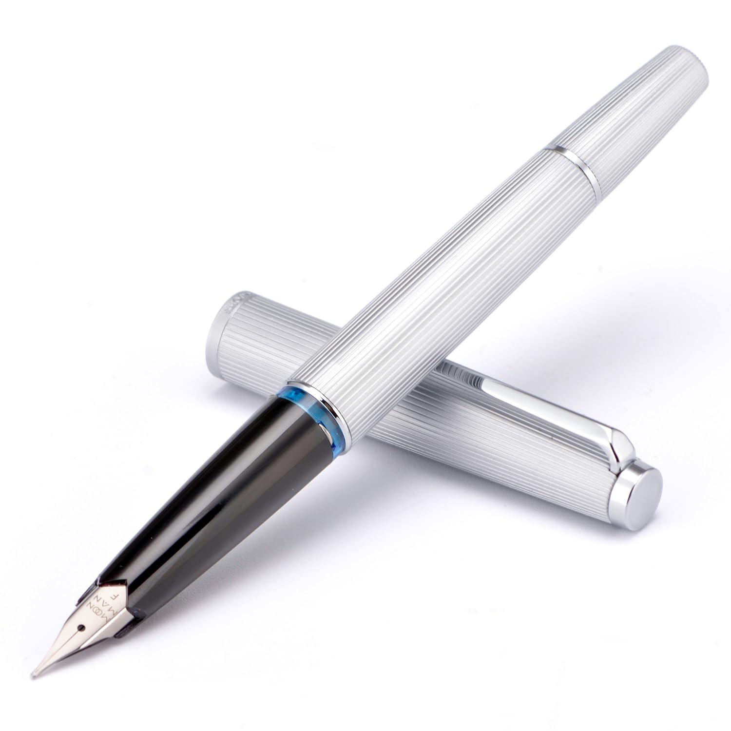 Majohn B32 Piston Fountain Pen Fine Nib, Stripe Silver Metal Writing Pen