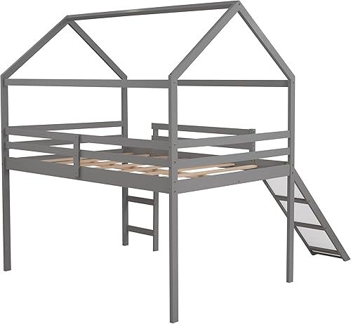 Miniatura 6 de Harper & Bright Designs Cama alta de tamaño matrimonial con tobogán, cama alta de madera, marco de cama tipo loft con techo y barandilla, cama alta