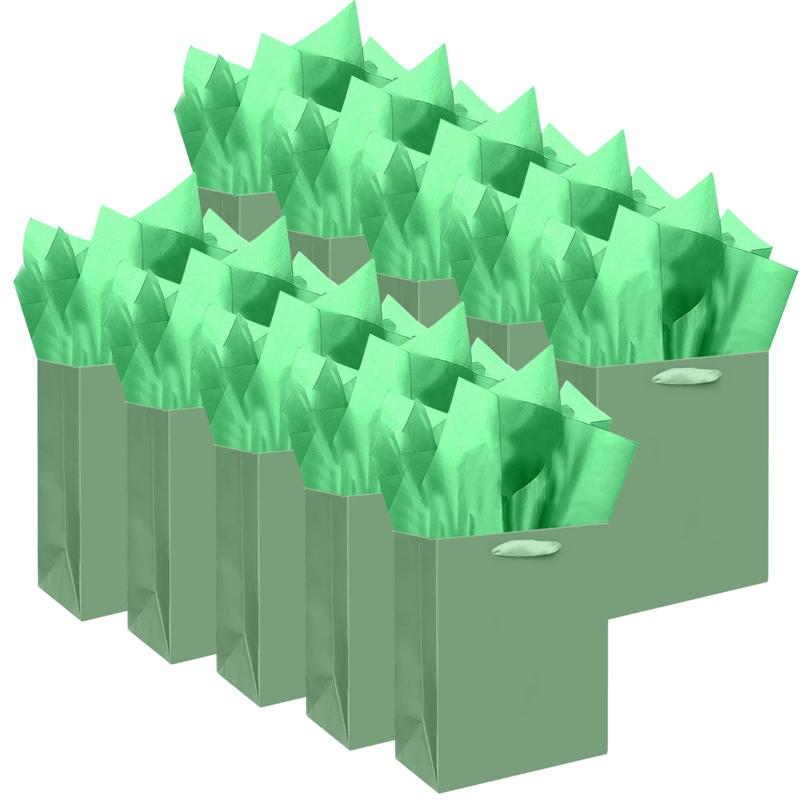 Gcardist Pack of 10 Light Green Mini Gift Bags with Tissue Paper Handles, 6.3 x 4.7 x 2.4 inches, Small Gift Bags for Parties (20 Pieces Tissue Paper)