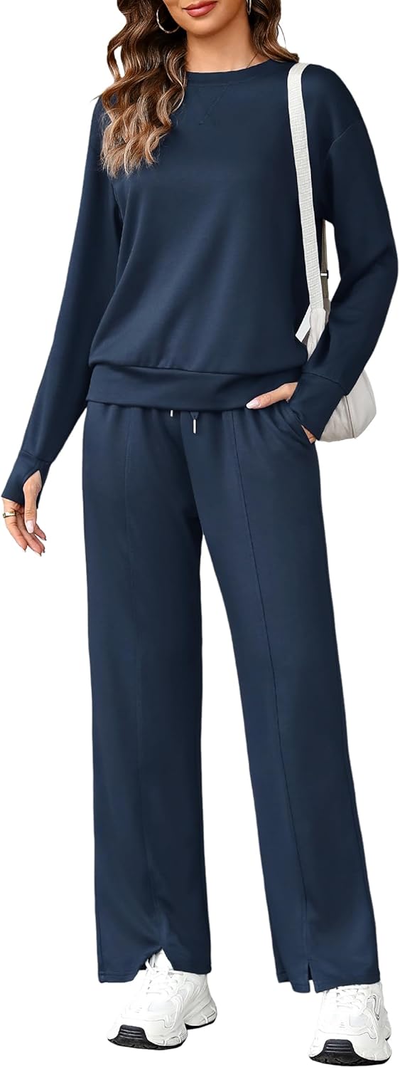 Totatuit Women's Long Sleeve Sweatsuit Sets Wide Leg Pants with Pockets Tracksuit 2 Piece Travel Outfits S-XXL