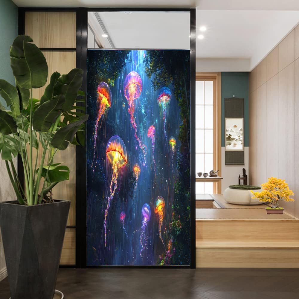 Colorful Fantasy Jellyfish Window Privacy Film, Beautiful Jellyfish Nature Forest Frosted Stained Glass Window Film Decorative Decal for Glass, Windows Tint for Home 35.4Wx55.1L inch