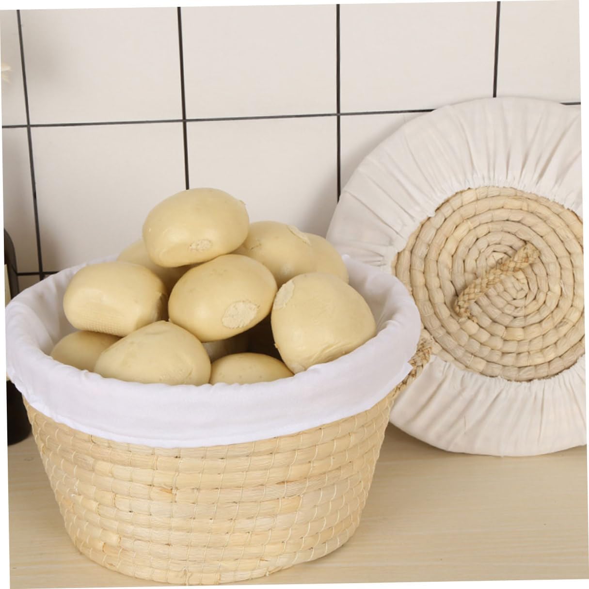 Luxshiny Woven Bread and Steamed Bun Basket with Lid, 30cm round Straw Knit Storage Basket for Kitchen Food and Egg Organization, Insulated Cover for Home Bakery Use