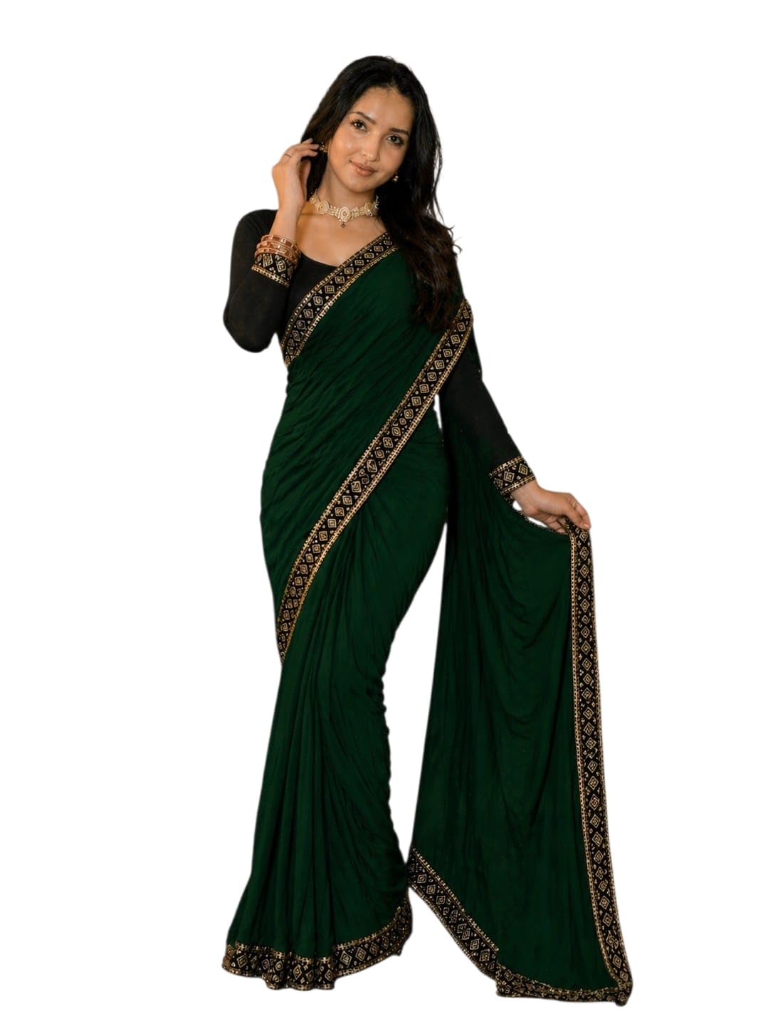 Women’s Black & Golden Embroidered Border Heavy Lycra Saree | Designer Saree for Wedding, Festive & Special Occasion-picture-38