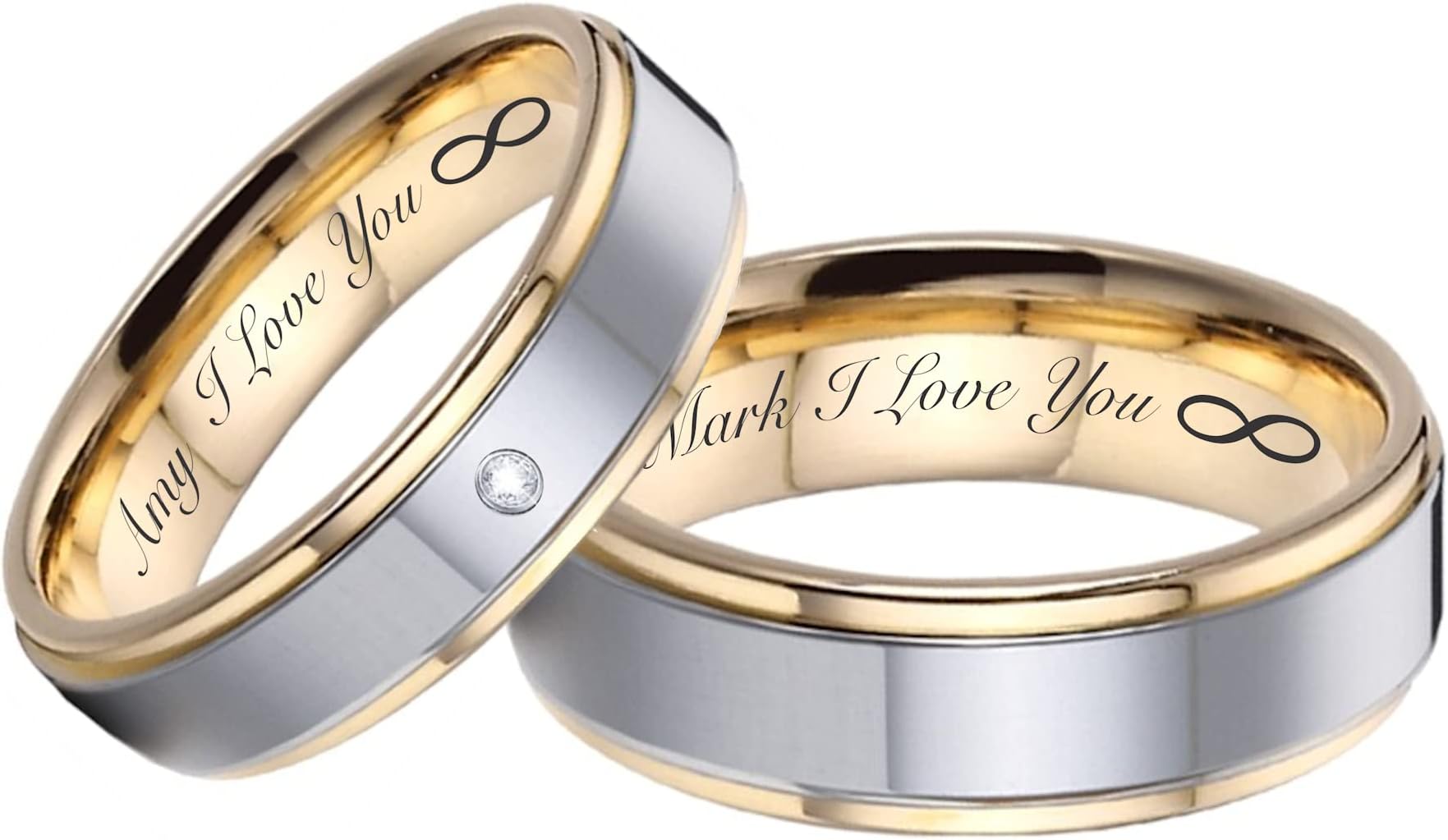 A & L Engraving Personalized Silver & Gold Two Tone CZ Tungsten Ring Set Custom Engraved Free In Any Language - His & Hers Couple's Rings - Tungsten Wedding Band Set - Ships from USA