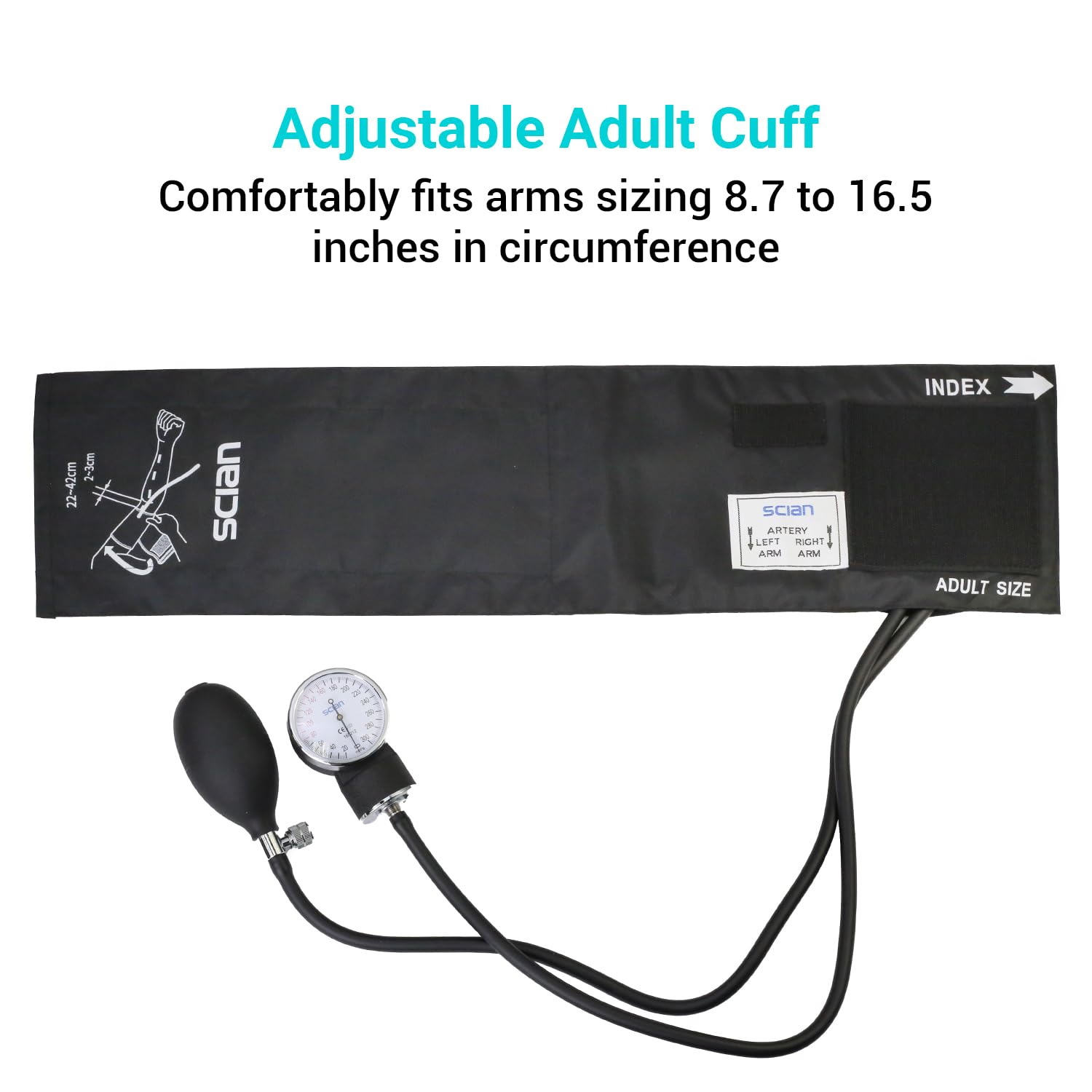 Scian Tensiómetro manual manguito de brazo 22–42 cm con estetoscopio de doble cabeza y estuche de transporte enfermera, médico, mayores, uso doméstico (negro)