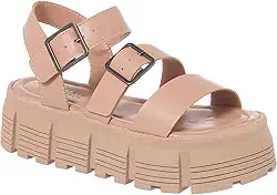 Sandália Feminina Plataforma Tratorada, Tiras com Fivelas, Disponível em Preto Branco e Nude