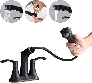 Bathroom Faucet with Pull Out Sprayer, 4 Inch Faucet Utility Sink Faucet, 2 Handle Pull Out Faucet for Bathroom, Utility Sink or Laundry Tub, Matte Black