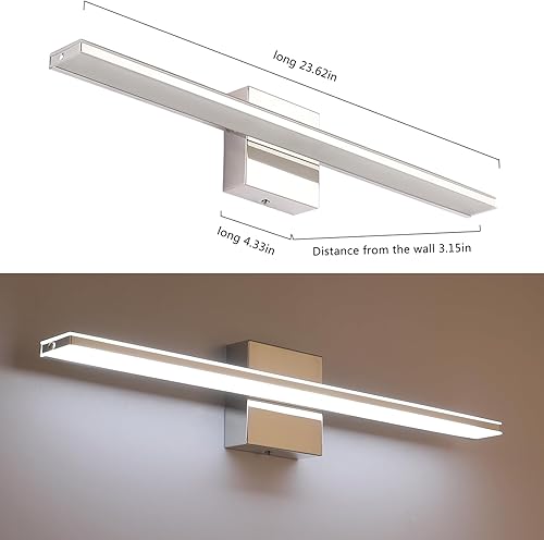 Miniatura 5 de Lámparas de baño modernas regulables, luces LED cromadas para espejo Bathover de 24 pulgadas, apliques de tocador de interior de 16 W, iluminación
