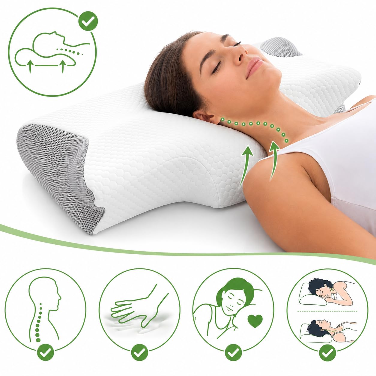 InnovaGoods® Almohada Cervical Viscoelástica Ergonómica para Cervicales y Cuello, Almohada Ortopédica Memory Foam, Funda Lavable 62x36x14 cm
