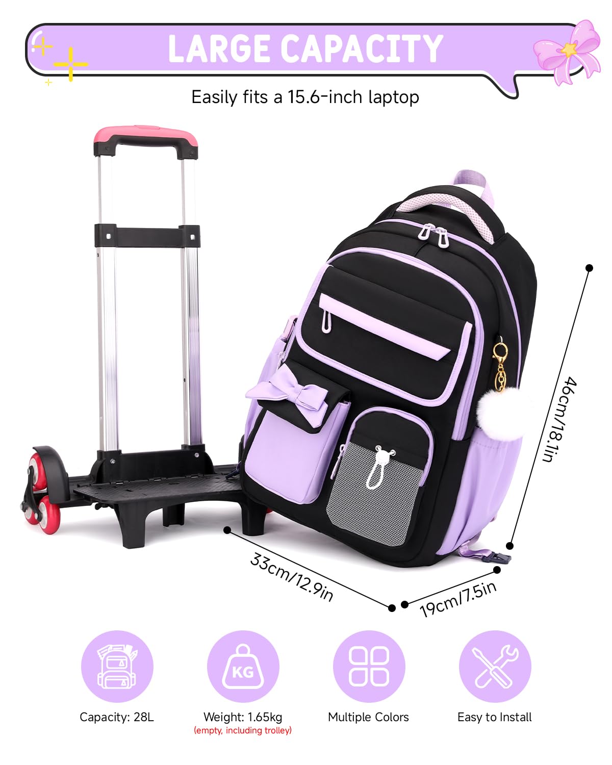 Amythe Schulrucksack Mädchen mit Rollen, Abnehmbar Schulranzen Trolley