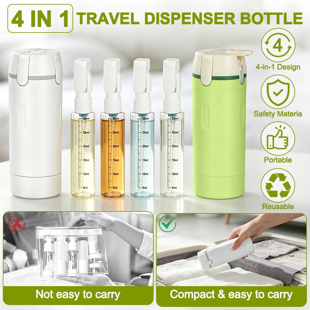 Reiseflaschen zum Befüllen, 4 in 1 Reise-Spenderflasche, auslaufsichere Reisegröße Behälter, Mini Spender mit Skala und Etikett, für Shampoo, Duschgel, Kosmetik -Weiß
