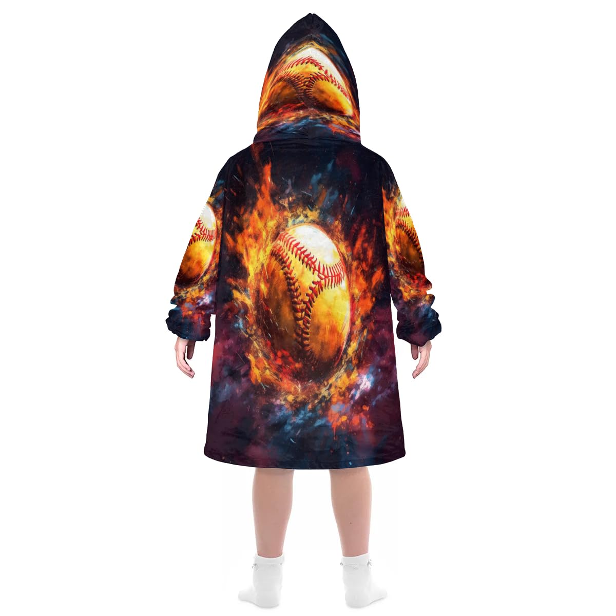 Kids Blanket Hoodie Sports Baseball Fire Wearable Blanket Hoodie Oversized Hooded Blanket, Sweatshirt Blanket with Pockets Soft Warm Kids Hooded Blanket for Girls, Boys