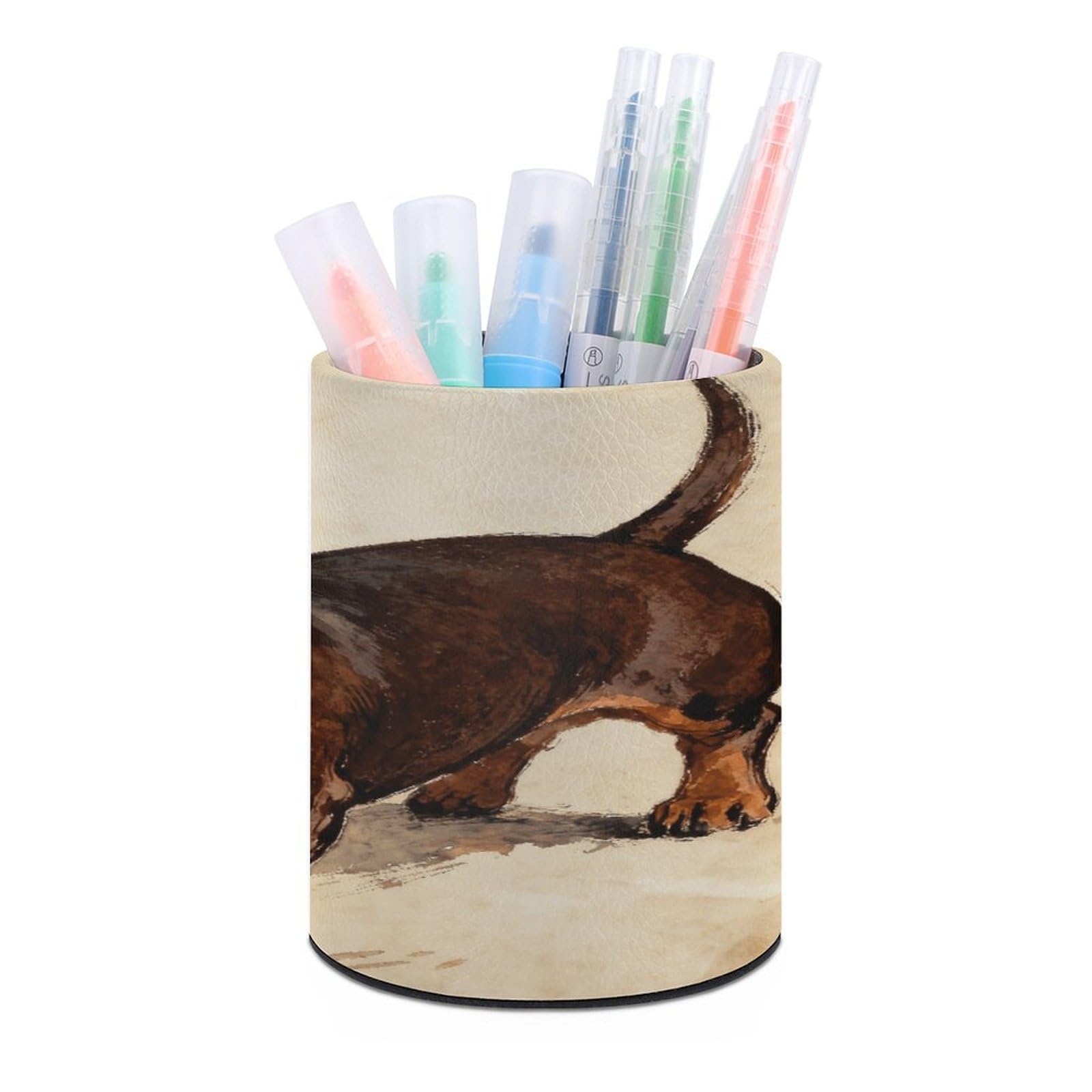 VstaDank F Dachshund Round Pen Holder, PU Leather Dachshund Pen Holder Desk Organizer Holder for Desk Desk Office Home Decor (3.1 x