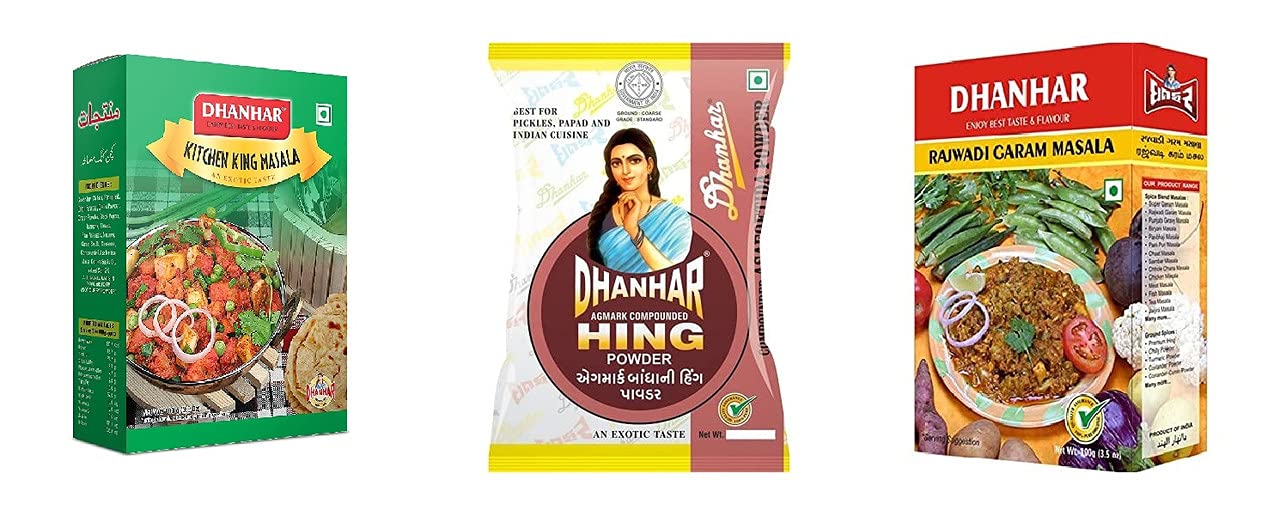 Dhanhar Combo of Kitchen King Masala, Agmark Compounded Hing (Asafoetida) Powder and Rajwadi Garam Masala Powder for Healthy & Flavourful Cooking – 100G of Each (Pack of 3) | No Artificial Flavour & Preservative