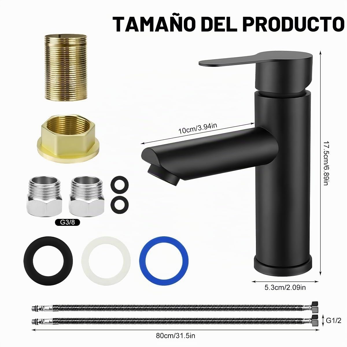 Grifo Lavabo Negro, Monomando Lavabo, Grifo Lavabo Negro Mate Con Dos Mangueras, Grifos Para Lavabos De Baño Para Aseos, Cuartos De Baño (A)