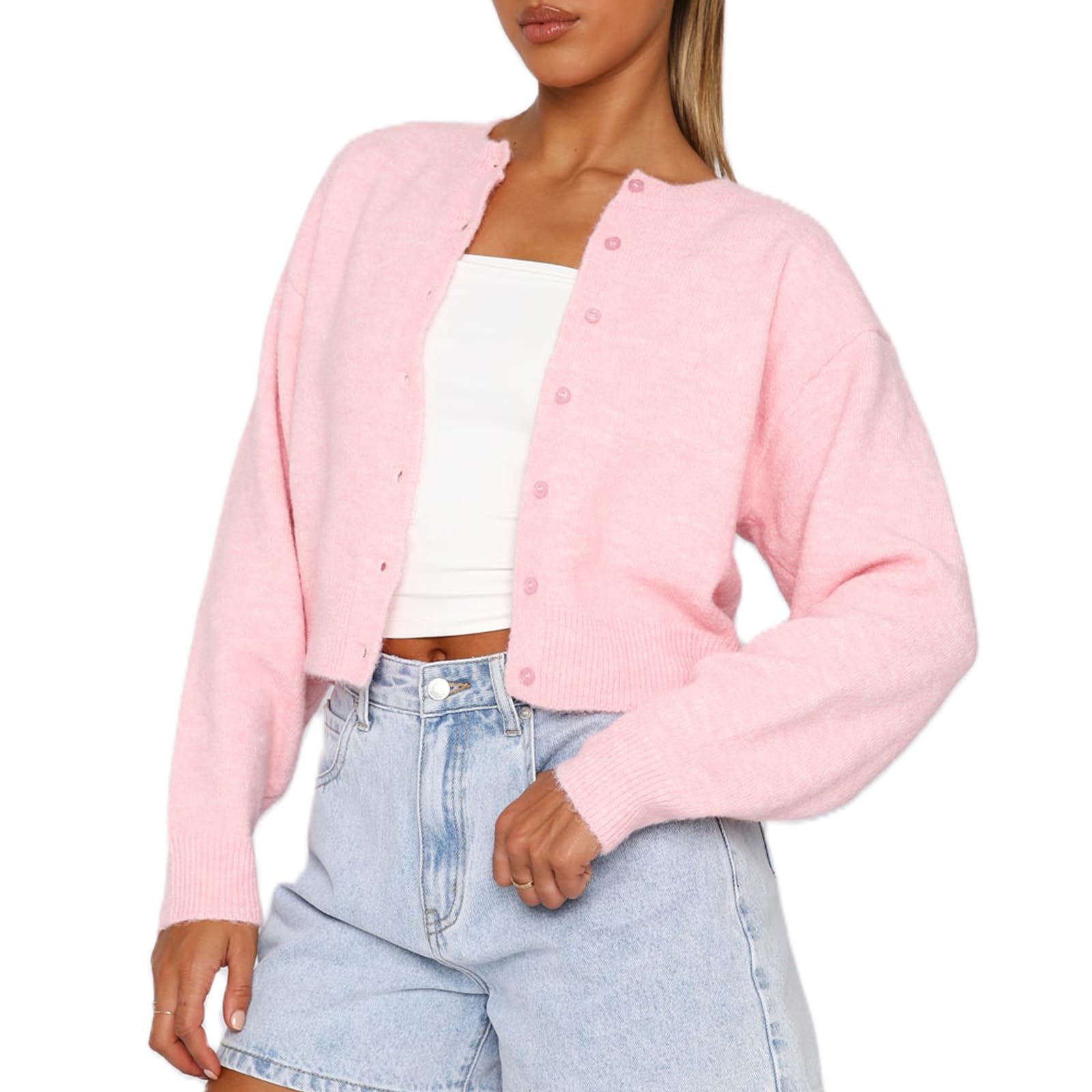 Womens Y2K Knit Cropped Cardigan Solid Color Crew Neck Long Sleeve Button Up Sweater Fall Knit Open Front