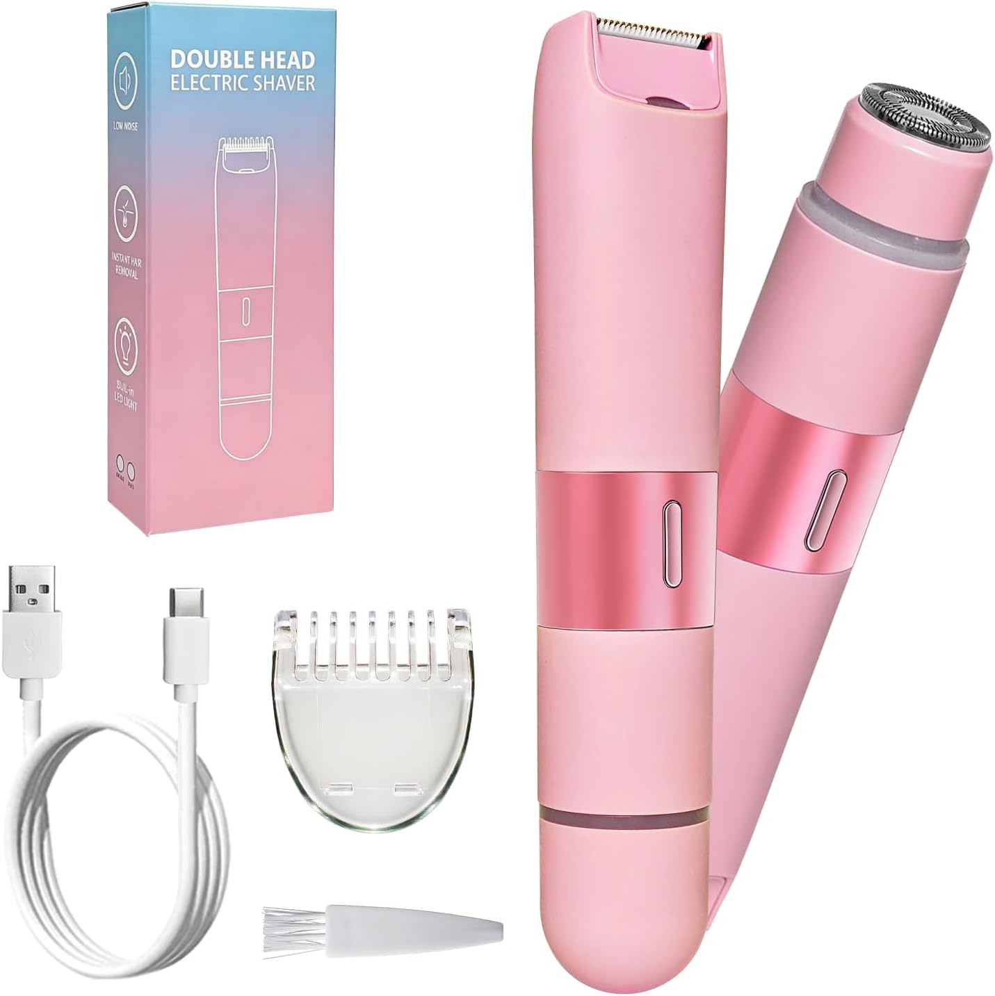 Bikini Trimmer for Women, 2-in-1 Waterproof Cordless Painless Hair Removal – Safety Lock & Built-in Light, Electric Shaver for Body, Bikini Area and Facial Hair (Pink)