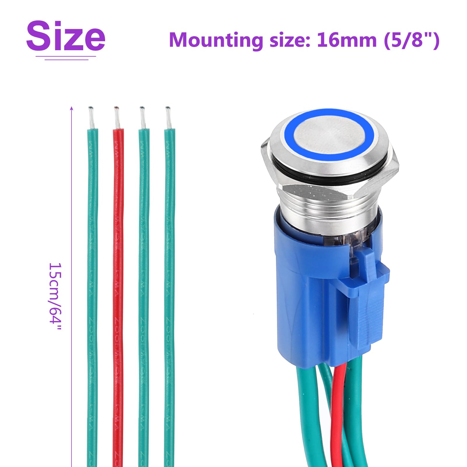 DMiotech 1 Pcs 16mm / 5/8" Stainless Steel Latching Push Button Switch 1NO 10A 12-24V Silver Button Blue Ring Lamp with Socket Plug with Wire for Car Boat Systems Custom Setups - Image 4
