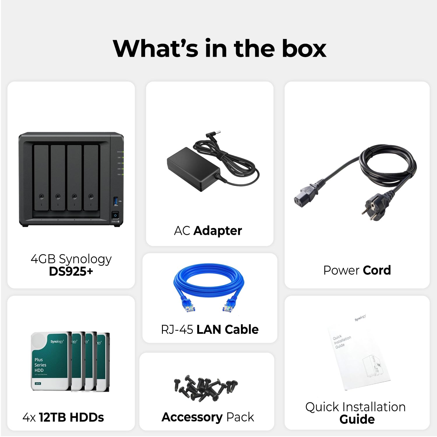 Synology DS925+ - Server NAS a 4 alloggiamenti (4 GB di RAM, preinstallato, HDD da 48 TB) – 4 dischi rigidi Synology NAS da 12 TB, unità di archiviazione di rete desktop ad alte prestazioni – include
