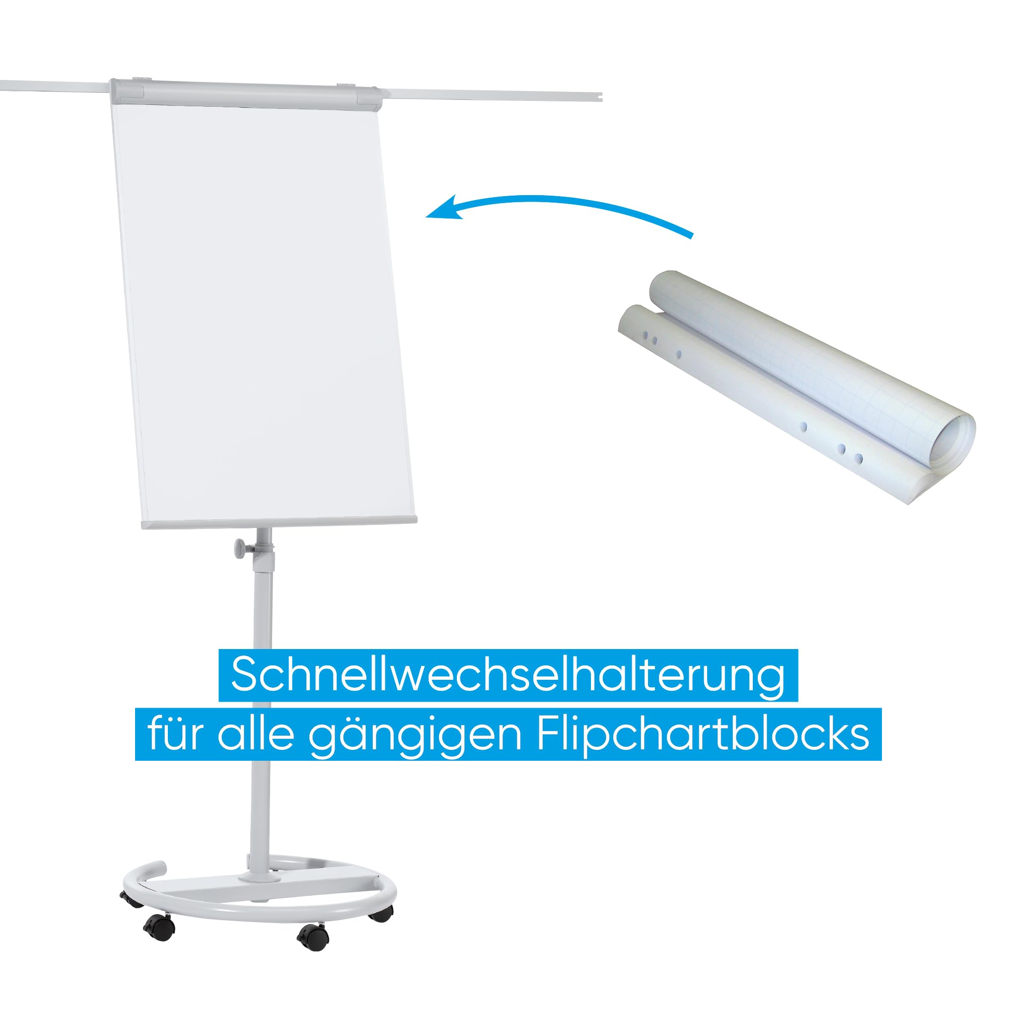 FRANKEN Flipchart, Beschreibbar, Magnetisch, Mobil, Mit Rollen und 2 Seitenarmen, Whiteboard mit Ständer, Papierhalterung und Stifteablage, 68 x 105 cm, ECO Mobil, F2400/N