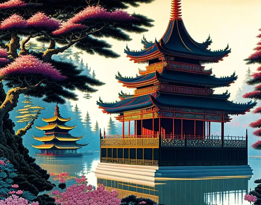 Affiches sur toile temple chinois art mural 58x90cm grand format nuit