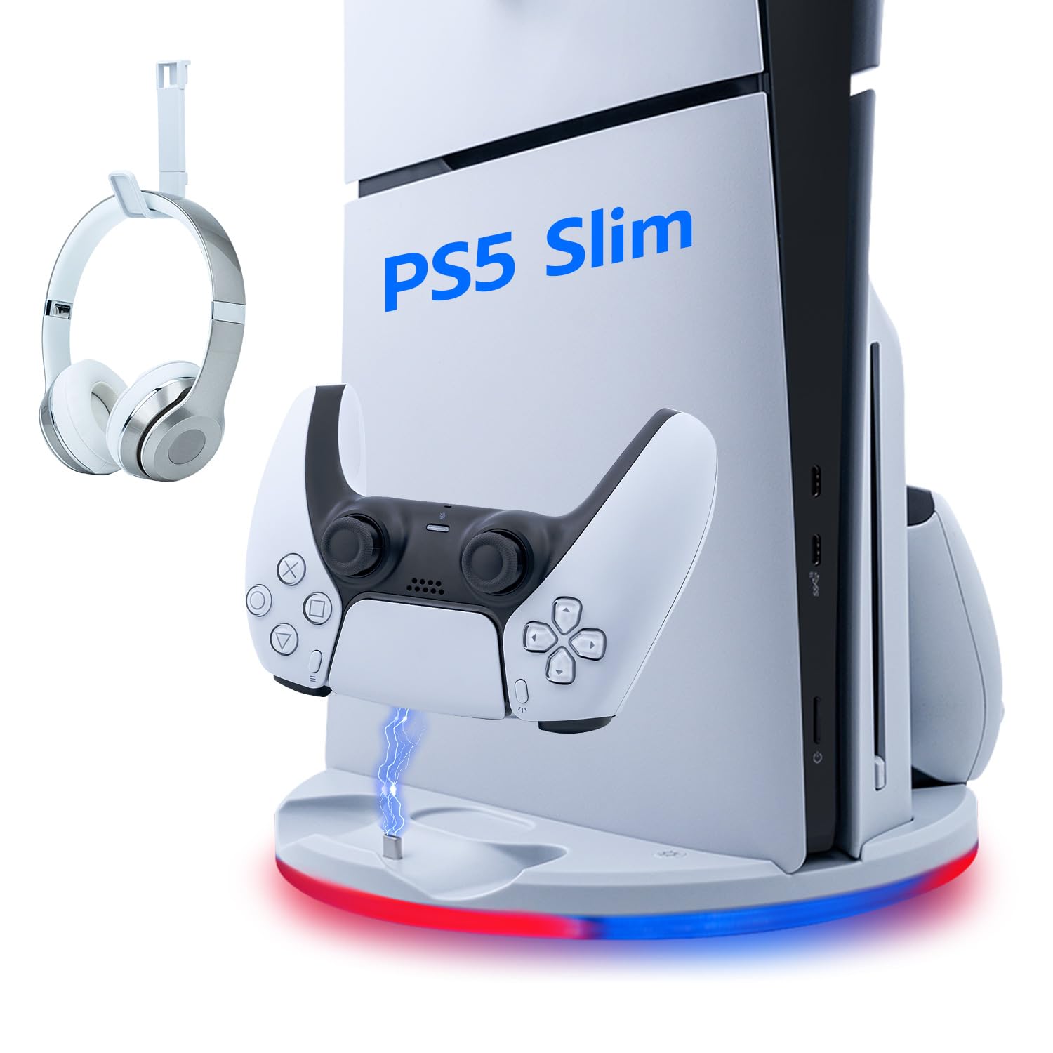 Wigearss Support Vertical pour PS5 Slim, Station de Charge Rapide pour Deux Manettes avec Crochet Casque et Lumière LED, Compatible avec la Console PS5 Slim DE/UHD(Pas pour PS5/Pro)