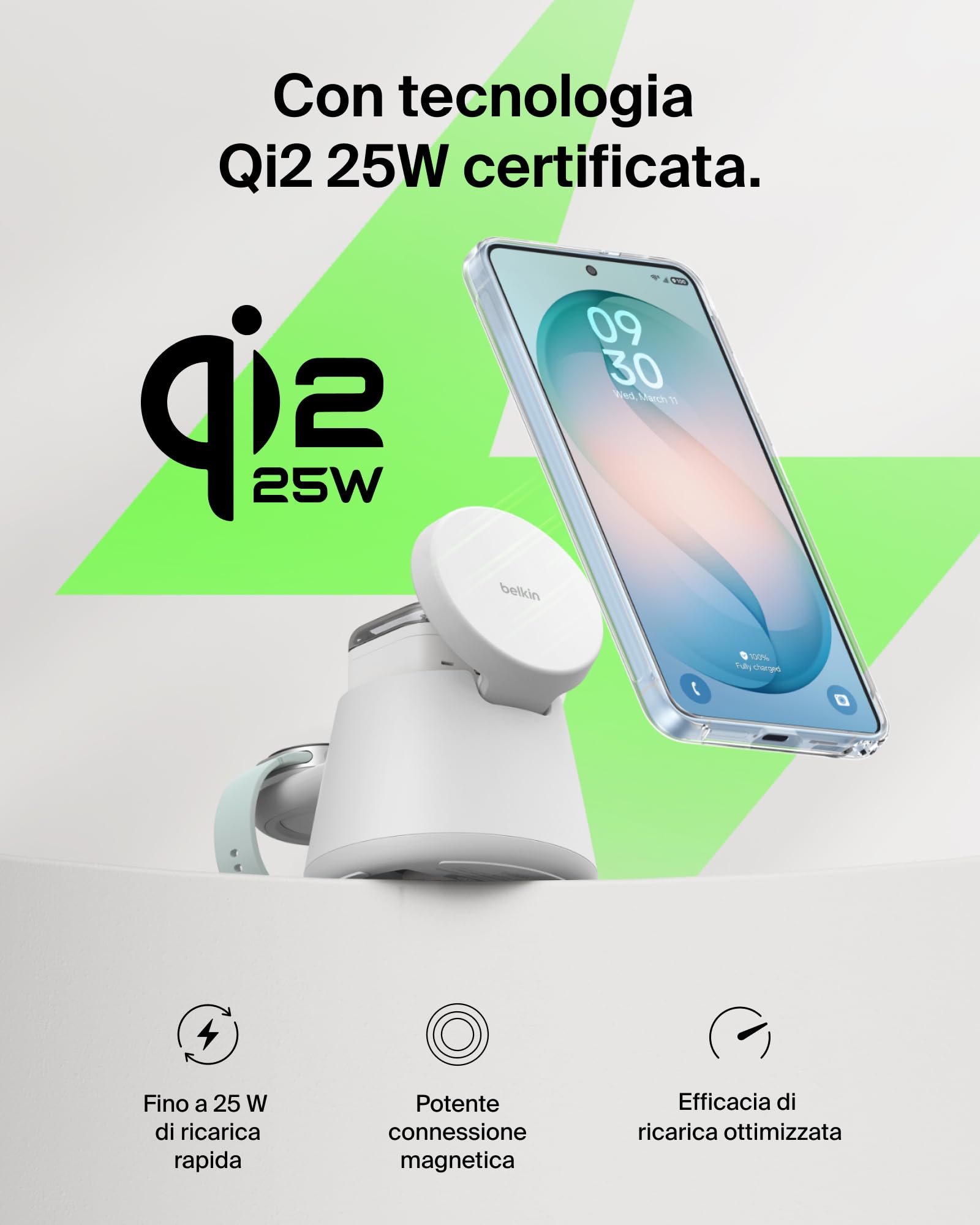 Belkin UltraCharge Caricatore Wireless Qi2 25W 3 in 1 - Nero | Caricatore Magnetico Certificato Qi2.2, USB C, Ricarica Wireless per iPhone, Galaxy, Auricolari, Smartwatch, Alimentatore 45W