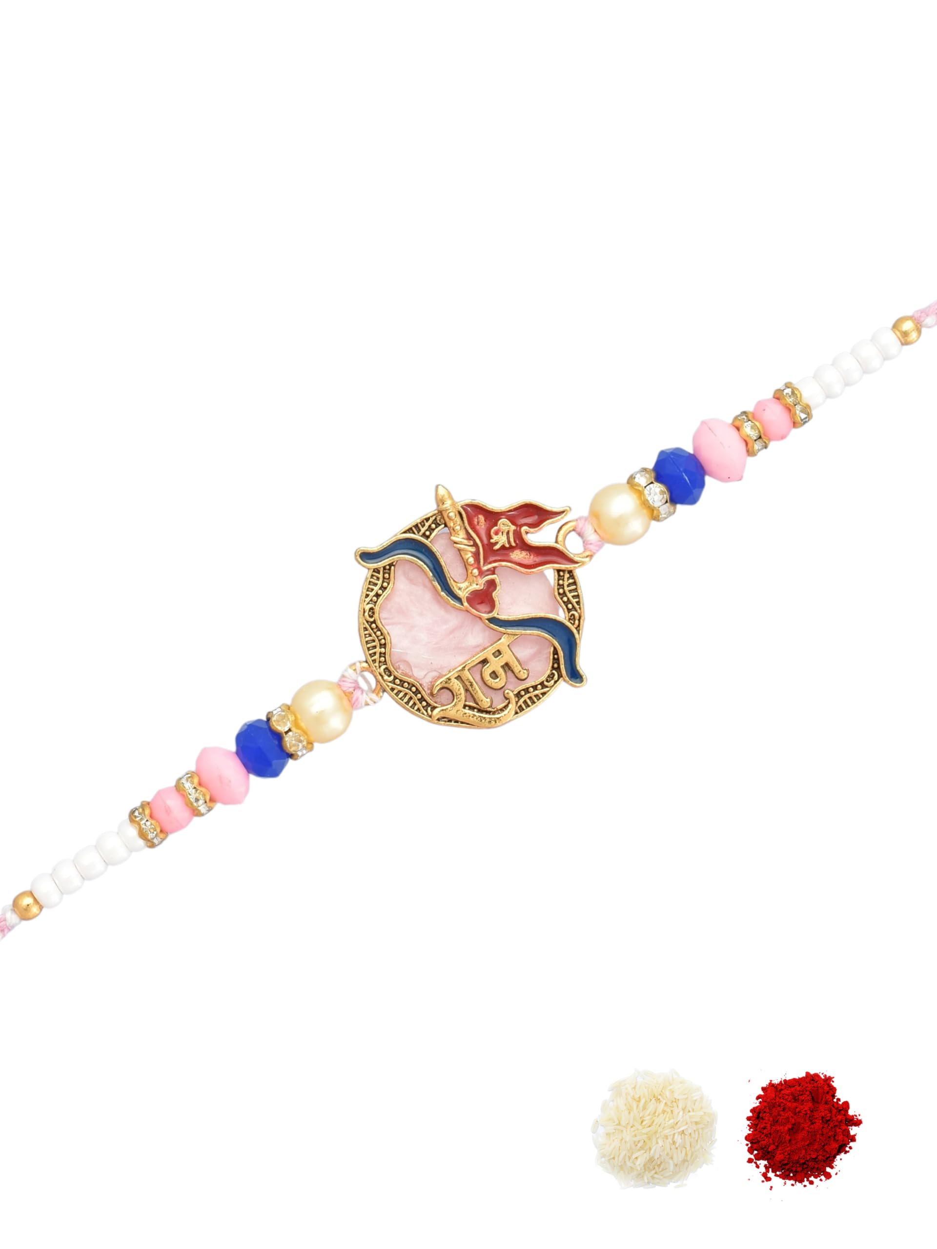 Premium Religious Shri Ram Dhanush Motif Beaded, Enamel Work, Cotton Thread Pack of 1 Rakhi with Roli Chawal & Greeting Card for Brother, Bhai, Kids for Raksha Bandhan Festive-59-image-10