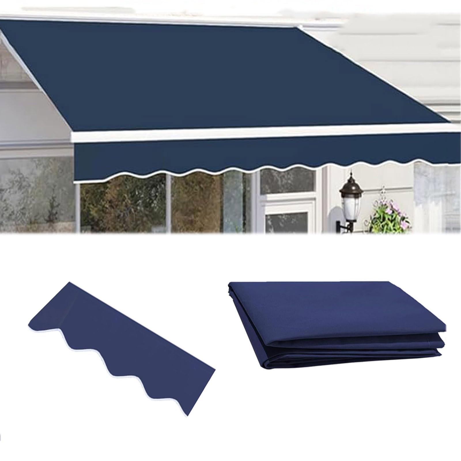 Tela para toldo exterior de 4.5x2 m con cenefa delantera azul de terraza