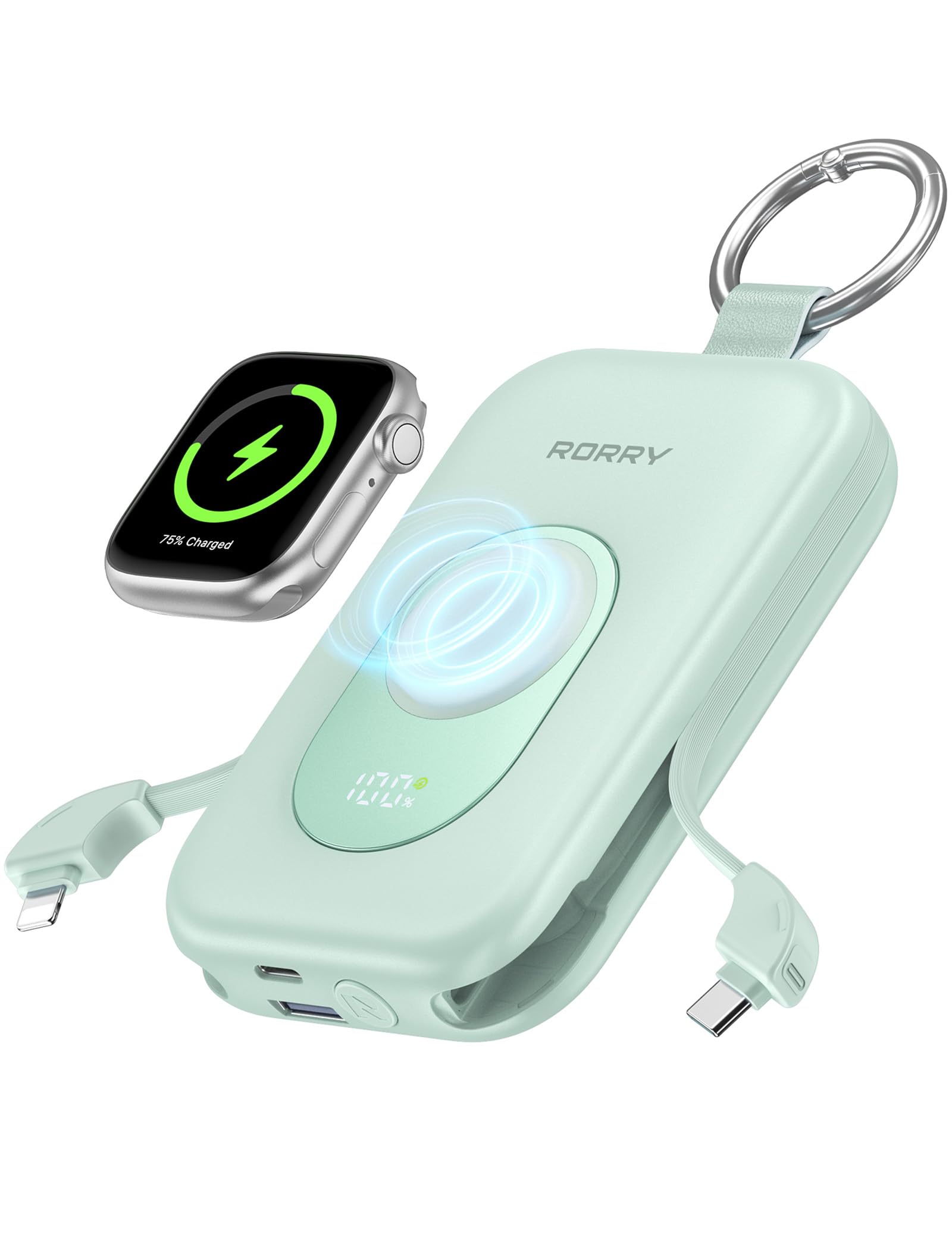 RORRY Powerbank,Power Bank 20000mAh 30W PD Schnellladen,Portable Charger mit 2 Integrierten Kabeln, Externer Handyakku mit Schlüsselanhänger, Reise-Essential für iPhone, Apple Watch, iPad, Grün