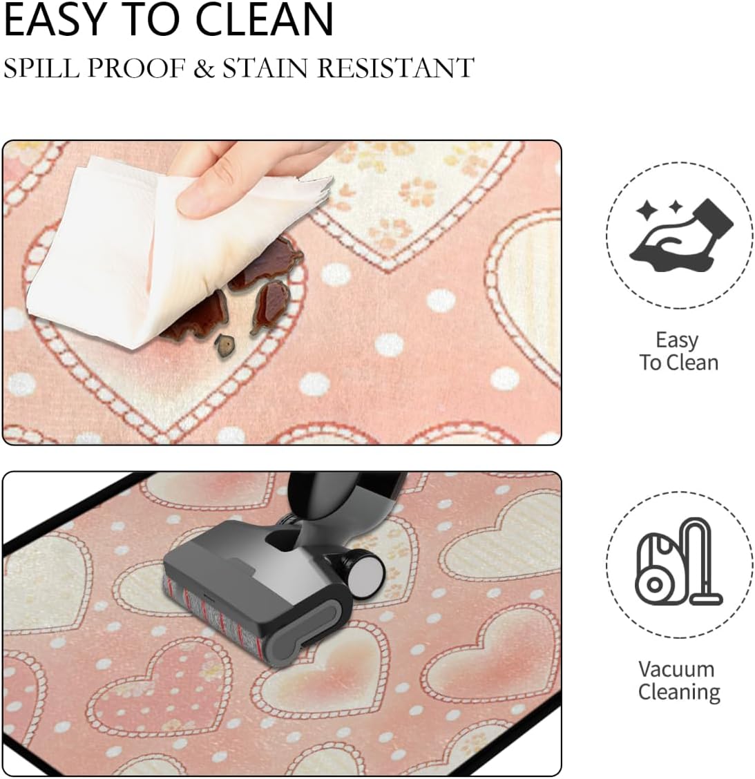 Anti Fatigue Pink White Heart Fabric Kitchen Mats for Floor 2 Piece Set, Waterproof Non Slip Boho Kitchen Floor Rugs, Comfort Standing Mat for Sink Laundry & Home Kitchen 17"x47"+17"x29"